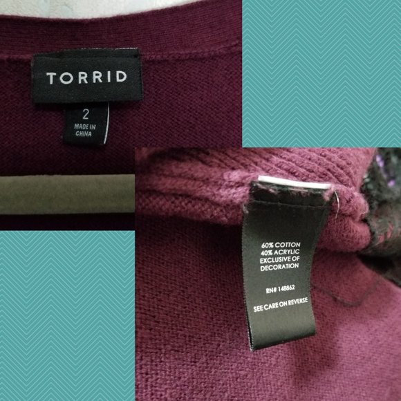 Torrid Burgundy Cotton V-Neck Lace Trim Sweater - Picture 5 of 5